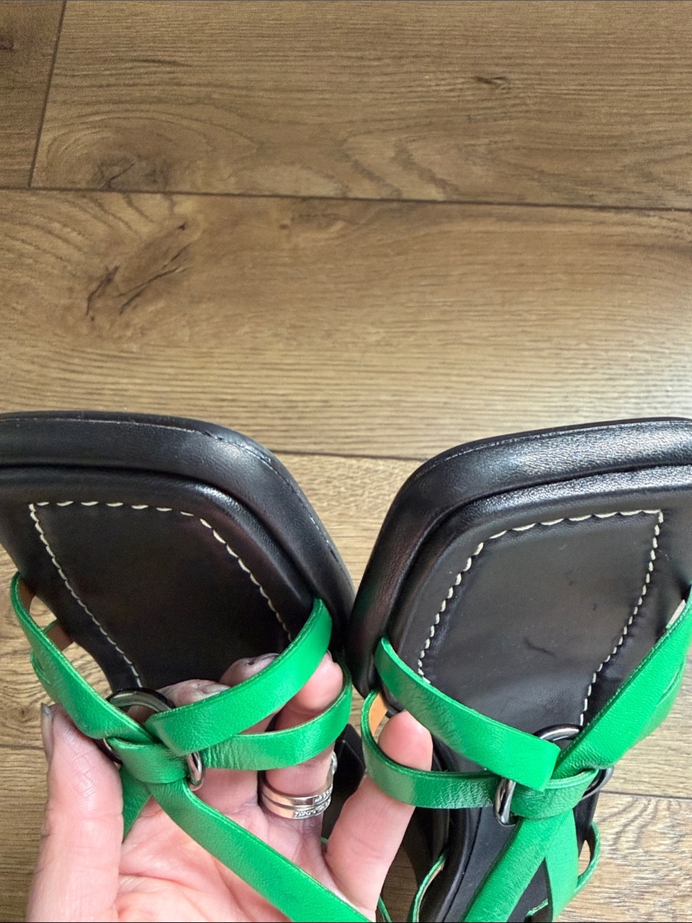 Labucq Green Leather Strappy Sandals with Black Footbed - Picture 6 of 6
